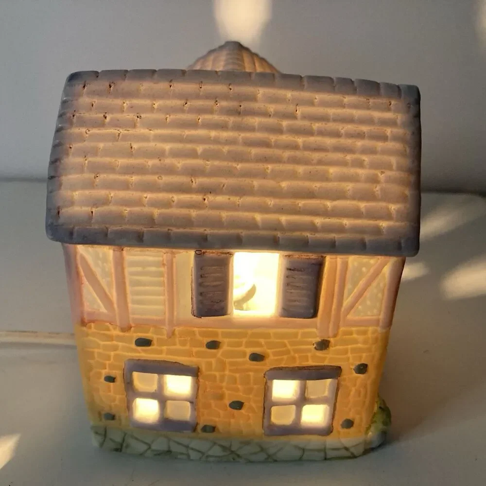 Lighthouse Cobblestone Home Village House 4” x 5” Vintage Light-Up Decor Shelf